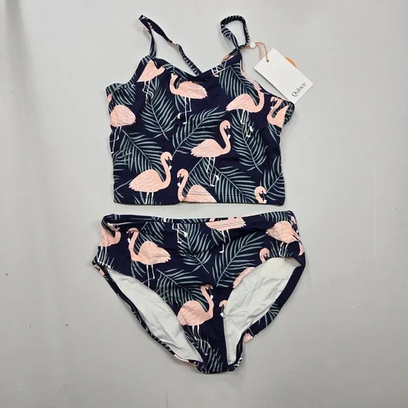 NWT QUINCE Tankini Swimsuit Flamingo Palm Kid Girls Size 10 6931 - Picture 3 of 10